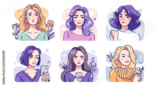 Canvastavla Diverse Portrait Illustrations of Young Women with Various Hairstyles and Emotio