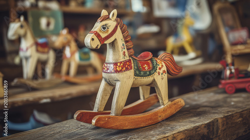 Vintage Wooden Rocking Horse and Toy Display