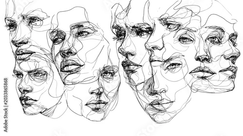 Obraz na płótnie Dynamic Abstract Composition of Multifaceted Faces in Line Art Style Expressing