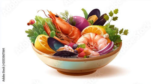 Clean healthy eating illustration with colorful vegetables and seafood arranged beautifully in ceramic bowl, realistic commercial vector style, white background, no typography