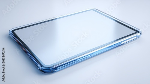 Futuristic transparent tablet device isolated on white background, sleek innovation product style, no text