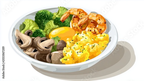 Healthy seafood breakfast bowl with grilled shrimp, broccoli, mushrooms, scrambled eggs, realistic flat vector illustration style, isolated on white background, soft shadows, vibrant natural colors, d