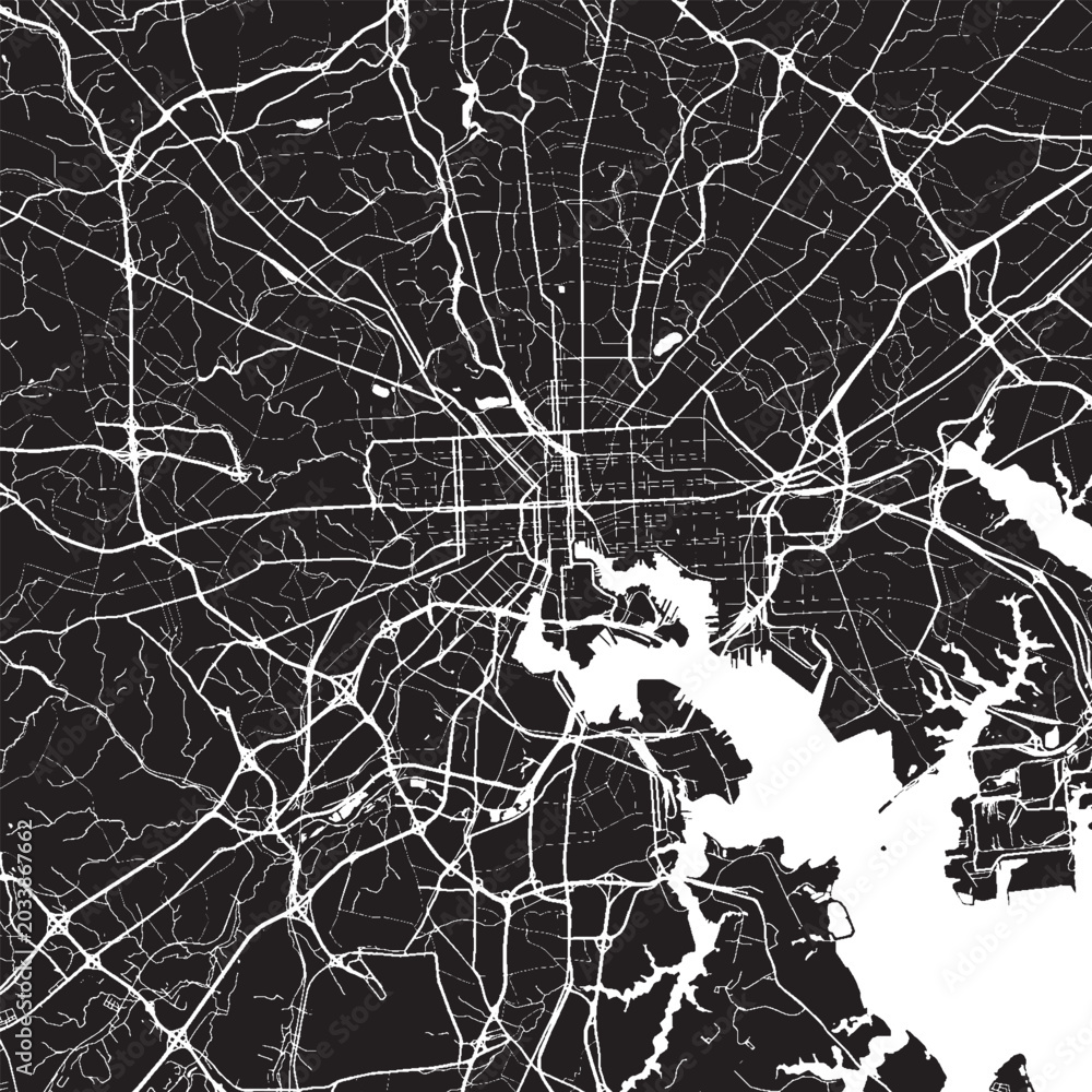 Obraz premium Baltimore Maryland Vector Map, Detailed City Street Map Black and White Minimalist Line Art