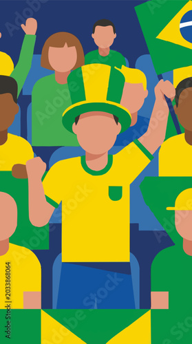 Brazilian soccer fans cheering in stadium with flag and national colors