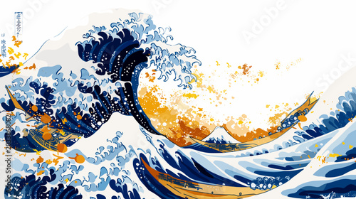 Foto Dynamic Wave Form in Shades of Blue and Gold Capturing the Power of the Ocean Ti