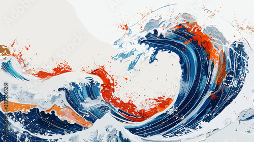 Fotografi Dynamic Wave of Ocean Water in Vibrant Blue and Orange Tones Representing Energy