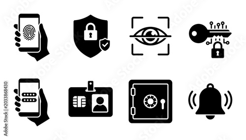 Security icons, cybersecurity symbols, safety signs, protection graphics, 8 icons