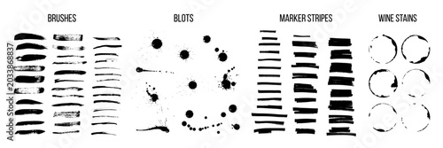 Black marker strokes, brush lines, wine glass stains, dirty blots. ink splatters with rough grunge textures. Graphic realistic vector illustrations collection.