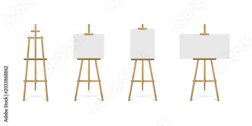 Wooden easel stands with blank white canvas board for painting. 3D isolated art studio mockup for artist exhibitions and creative displays. Realistic vector illustrations set.
