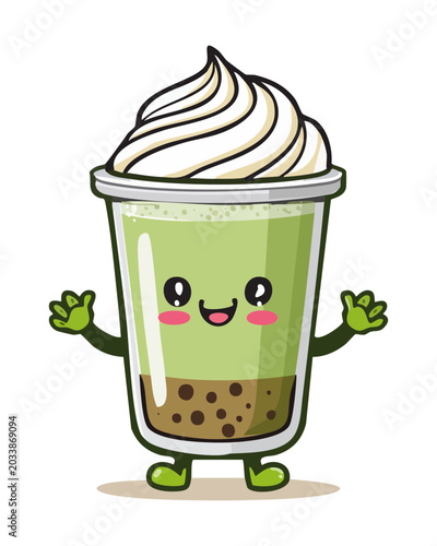 Adorable iced matcha green tea latte glass cup character with thick whipped cream topping smiling calmly with hands on waist - Vector Illustration
