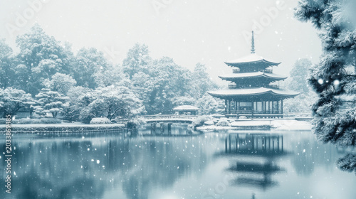 Snowfall in Japanese Garden Five-Story Pagoda and Lakeside Winter Scene