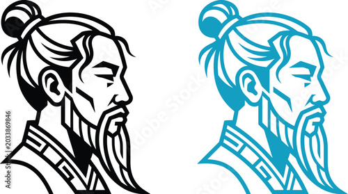 Samurai warrior portrait vector illustration black and teal color schemes Chinese Teachers’ Day 