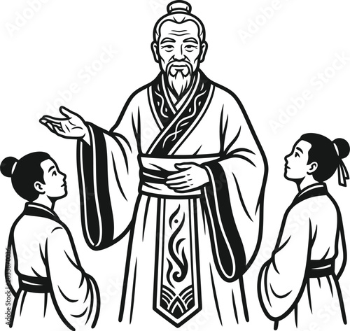 Ancient chinese scholar teaching two students black and white illustration