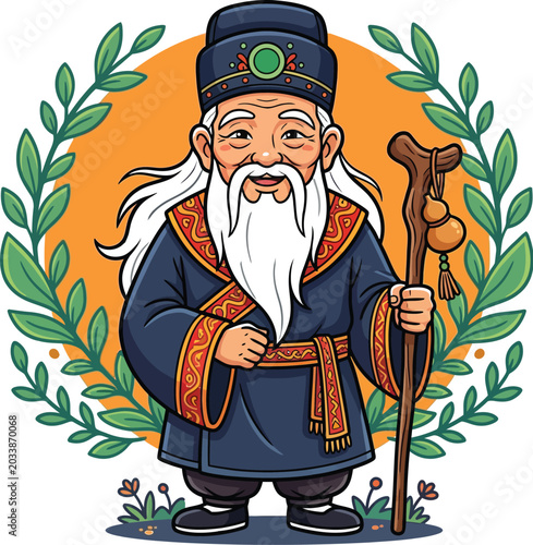 Cartoon illustration of a wise old man with a long white beard and traditional chinese clothing