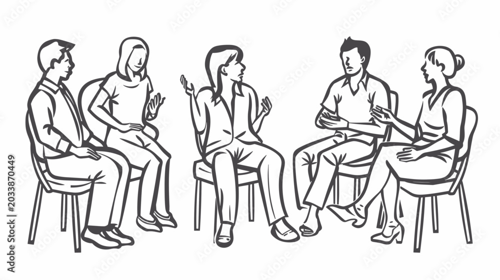 Fototapeta premium Group of Five Individuals Engaging in Dynamic Conversation While Seated in Chairs