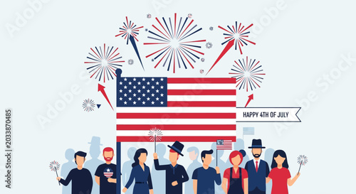 Happy 4th of July Celebration with People and American Flag
