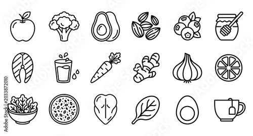 Collection of healthy food icons in line art style with hand drawn broccoli healthy eating nutrition ingredients