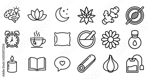 Photos Wellness and health icons set line art collection tea bag wellness cinnamon coll