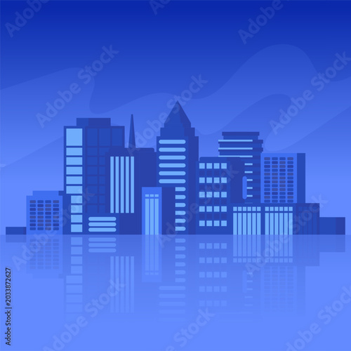 Blue night cityscape with midrise towers, layered facades and calm reflections below. Minimal urban vector background for architecture, travel, business and modern design projects