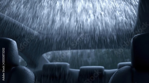 The interior of a car, specifically the front seats. the car appears to be in motion, as the raindrops are falling from the windshield. the raindrops create a dramatic and ethereal atmosphere.