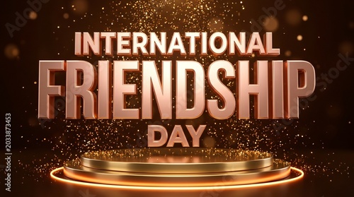 International friendship day celebration with golden podium and sparkling particles festive promotional graphic