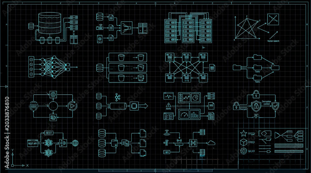 Fototapeta premium AI Infrastructure Data Lakes CAD Icon Pack Blueprint Vector with Cloud Storage and Analytics System Architecture