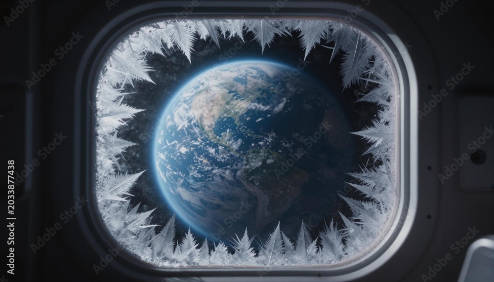 Fototapeta premium View of Earth through a frosted spacecraft porthole with ice crystals framing the planet and cloud-covered oceans