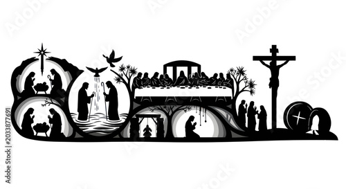 Obraz na płótnie Christianity Story Silhouette: Nativity, Baptism, Last Supper, Crucifixion