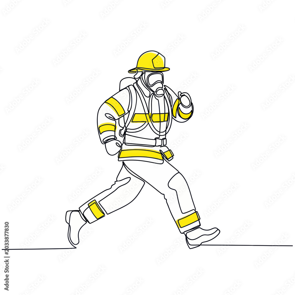 Fototapeta premium One Line Drawing Firefighter Running in Protective Gear, Yellow and White