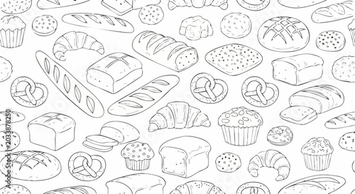 Seamless hand drawn bakery pattern with various bread types.