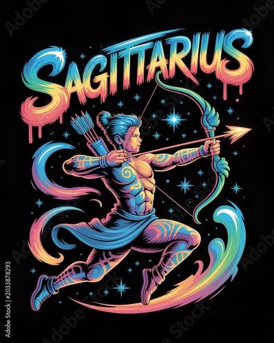 A striking graffiti portrait of the Sagittarius zodiac sign—a street art-style illustration for astrology, tattoos, and street fashion design