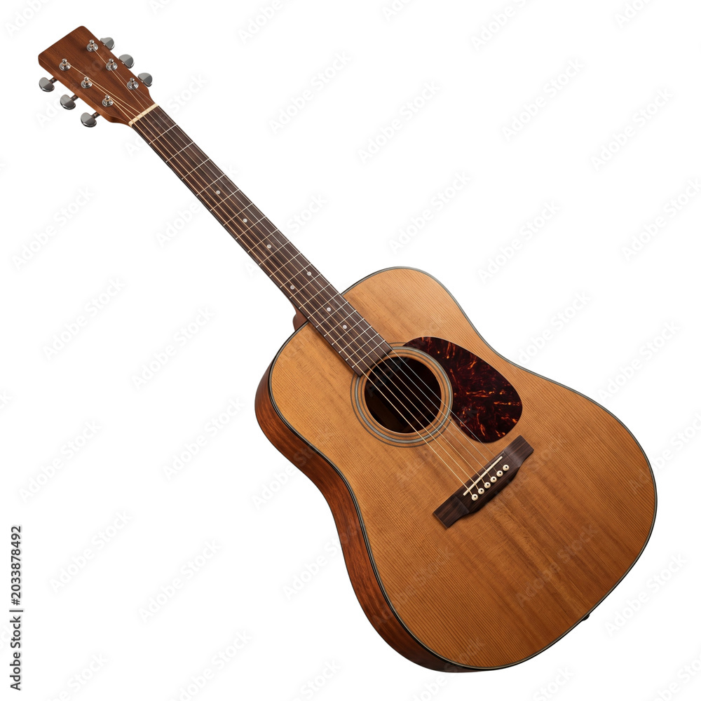 Fototapeta premium Acoustic guitar with natural wood finish and tortoiseshell pickguard, acoustic