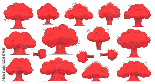 Quadro su tela Red Mushroom Clouds Collection, Cartoon Style, Isolated on White Background