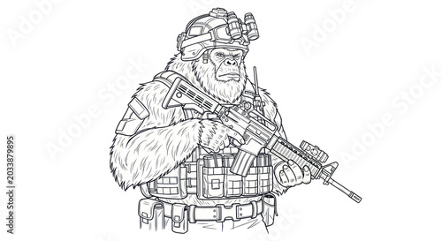 Tableau sur toile Gorilla Soldier with Rifle and Tactical Gear, Military Primate Illustration