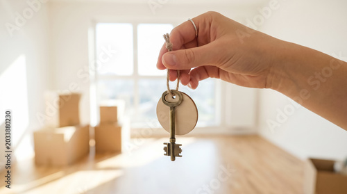 Hand holding room key with blurred moving boxes in empty apartment for rental concept