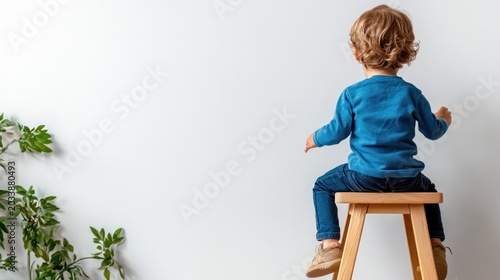 Toddler seated on a stool against a plain background.