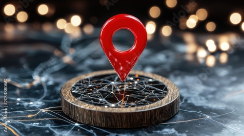 Red location marker on a wooden map.