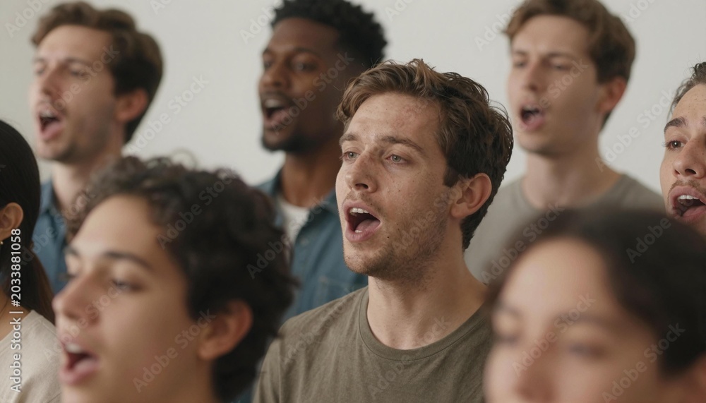 Fototapeta premium Diverse young adults singing together in a choir rehearsal, expressive faces and open mouths