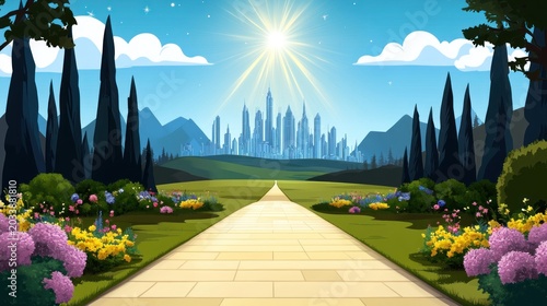 Pathway to a futuristic city through a landscaped park.