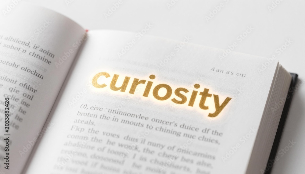 Obraz premium Open book close-up showing the word curiosity printed in gold foil on a white page, soft lighting and shallow depth of field