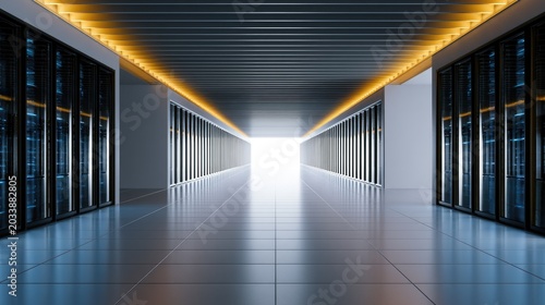 A brightly lit corridor between rows of server racks, leading to a white glow