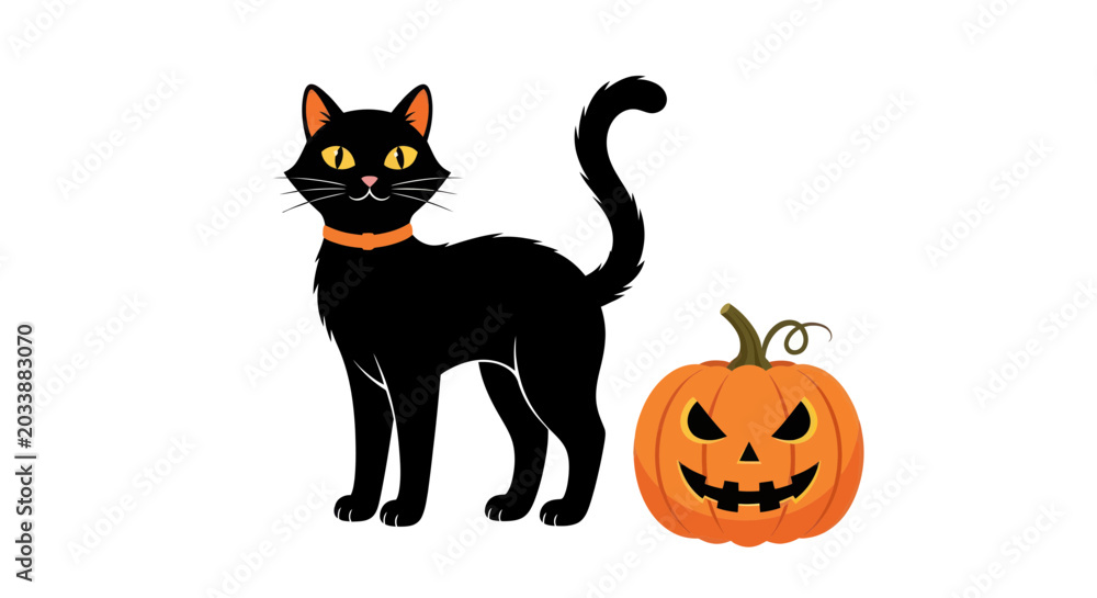 Fototapeta premium Halloween Black Cat with Jack O Lantern Pumpkin Illustration