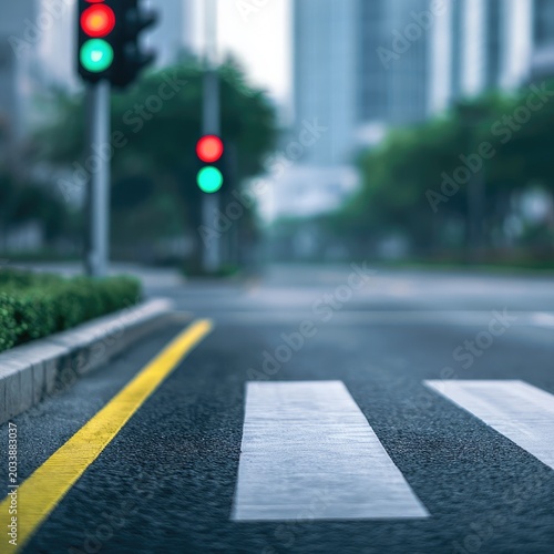 A blurred urban intersection with a pedestrian crossing and traffic lights