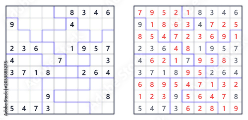 Foto Sudoku Jigsaw Hard puzzles with clues and completed solutions on paper