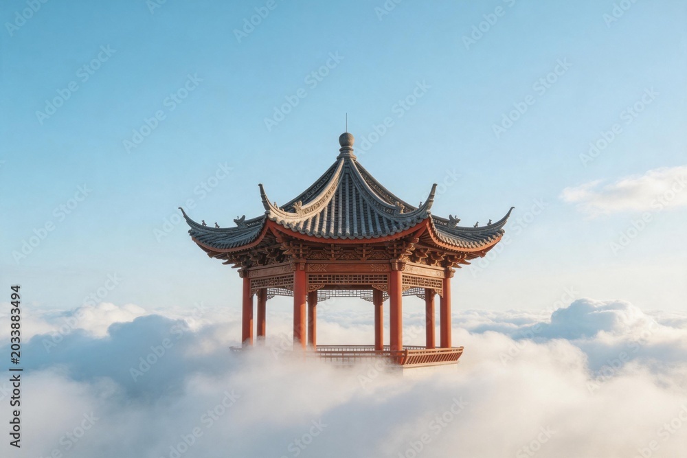 Obraz premium Traditional Asian pavilion above clouds