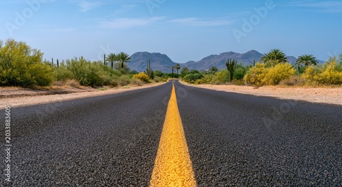 Endless desert highway with yellow line, leading to distant mountains