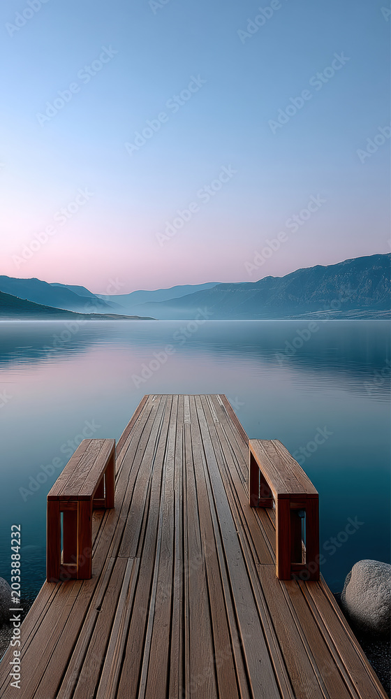 Obraz premium Wooden pier extends over calm lake at dawn, soft mist over water, tranquil mountain landscape, serene blue sky, peaceful atmosphere