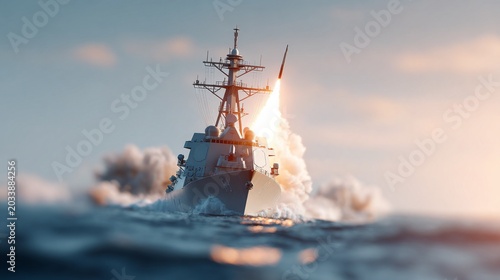 A warship launching a missile amidst a dramatic ocean backdrop.