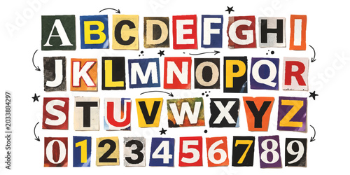 Foto Alphabet and numbers set made from colorful magazine cutout letters and digits i
