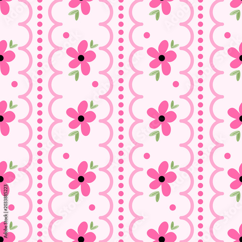 Elegant seamless pink floral stripe pattern with large blossoms and wavy dots laces for feminine apparel background